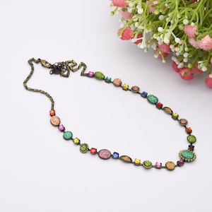Vintage Butler and Wilson Necklace B&W Colourful Stones - Antiqued Brass Colour Rainbow Glitter | Branded Costume Jewellery