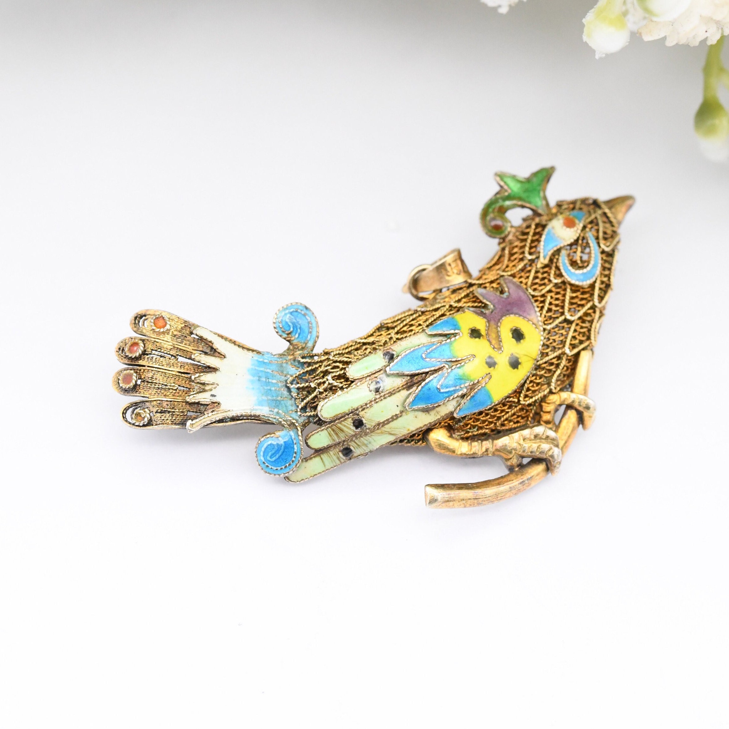 Vintage Chinese Export Silver Filigree Enamel Bird Brooch Vintage Chinese Export Silver Filigree Enamel Bird Brooch