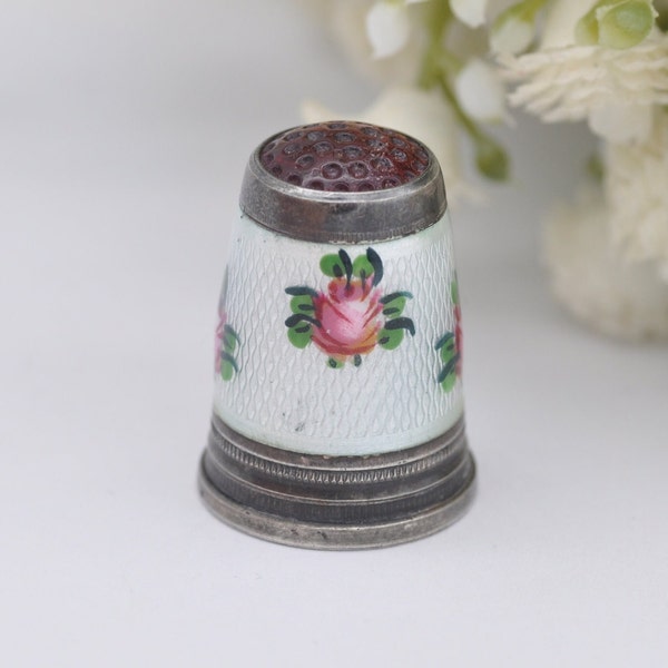 Vintage Silber & Guilloché Emaille Rose Fingerhut mit roter Spitze - Nähen | Ausführliche | 935er Silber | Blumen | Blume