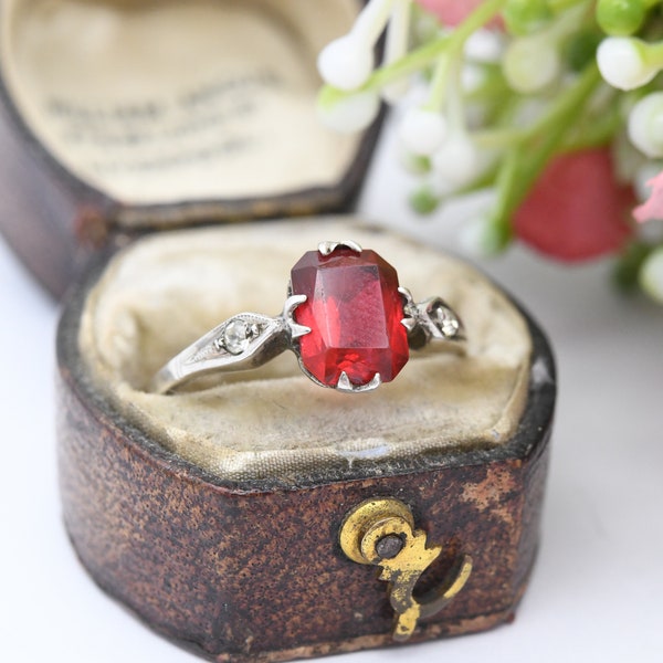 Antique Art Deco 9ct Gold & Sterling Silver Paste Ring - Ruby Red Paste | UK Size - S 1/2 | US Size - 9 1/4