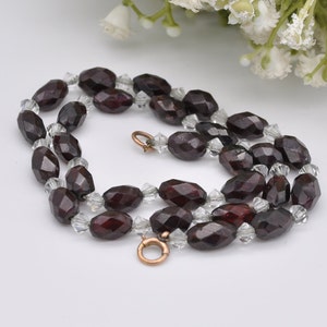 Antique 9ct Gold Clasp Glass Necklace - Victorian Hand Cut Glass Beads / Red Garnet Glass / Oval Beads with Clear Spacers / Original Chain