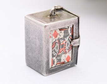 Vintage Pack of Playing Cards Charm Pendant Sterling Silver Box - Novelty Miniature Traditional Set of Cards Articulated Opening Charm Gift