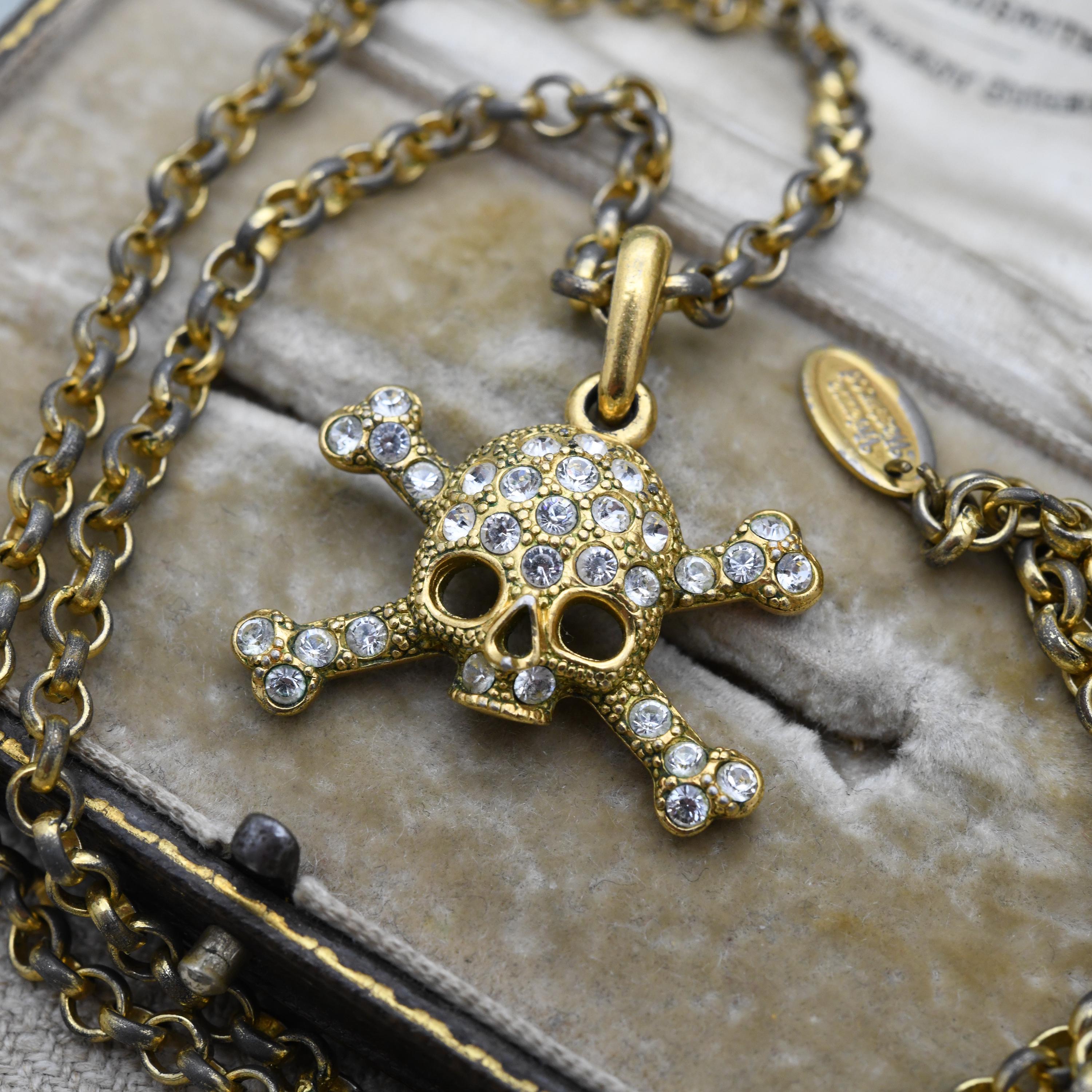 Vintage Vivienne Westwood Gold Plated Crystal Skull and Crossbones