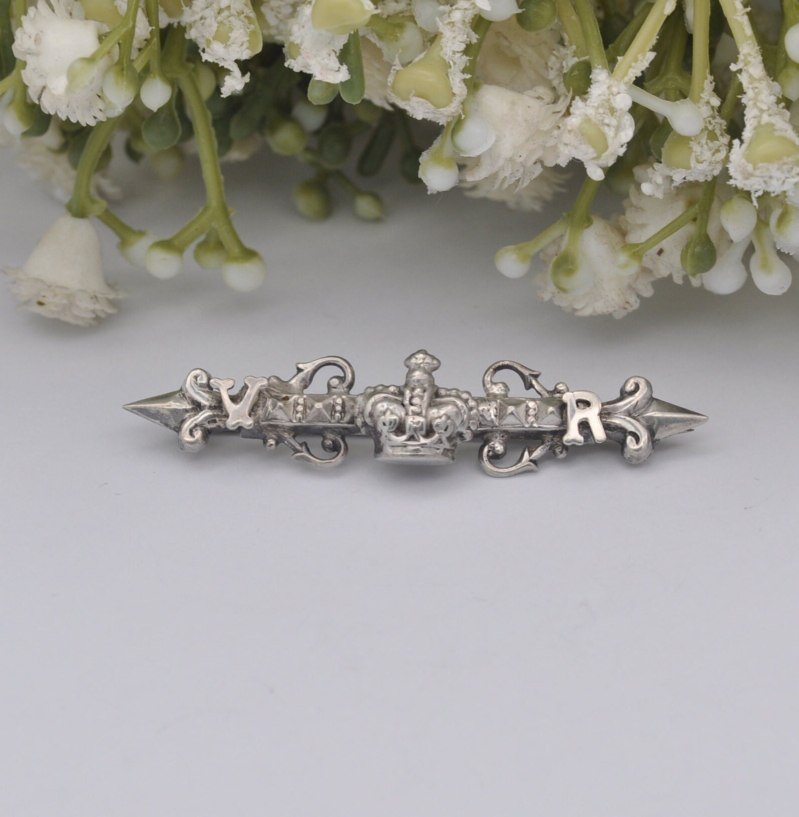 Antique Queen Victoria Sterling Silver VR Crown Bar Brooch - Royal 