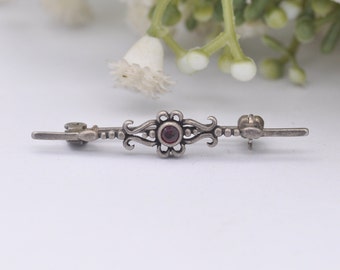 Vintage Sterling Silver Red Crystal Bar Brooch - Ornate Antique Style