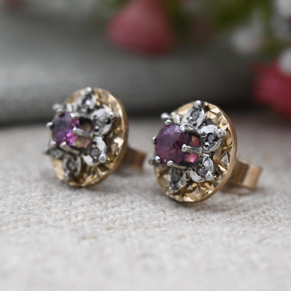 Vintage 9ct Gold Ruby Diamond Cluster Earrings - … - image 3