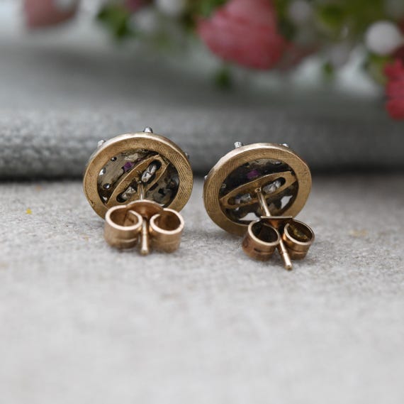 Vintage 9ct Gold Ruby Diamond Cluster Earrings - … - image 4