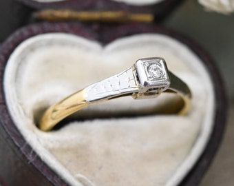 Antiker 18 Karat Gold Solitär Diamant Ring - Vintage Art Deco Verlobungsring | UK-Größe - M | US-Größe - 6 1/4