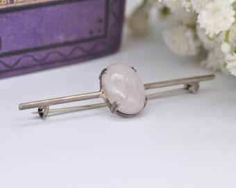 Vintage Silver and Rose Quartz Bar Brooch - Oval / Cabochon / Pink Stone / Statement / Pin