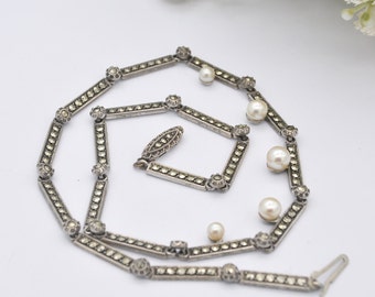 Vintage Sterling Silver Pearl Marcasite Necklace - Rhodium Plated | Choker Length 16" 40.5cm