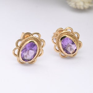 Vintage 9ct Gold Amethyst Stud Earrings 1992 - Floral Shape