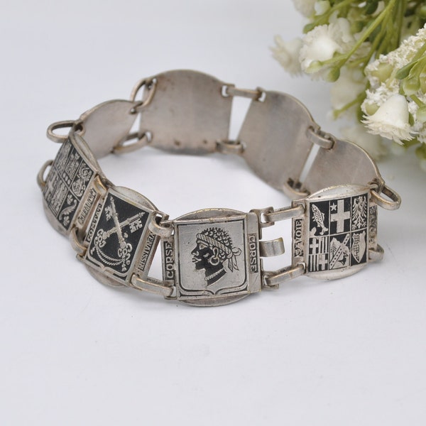 Bracelet de voyage vintage France villes argentées - Iles / Europe / Panneau / Nice / Corse / Comtat / Monaco / Bijoux fantaisie