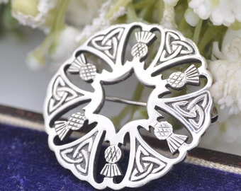 Vintage Sterling Silver Scottish Thistle Brooch - Celtic Triquetra Wreath Design