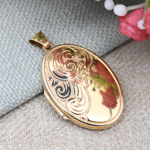 Vintage 9 Karat Gold Medaillon Anhänger mit Blättern Feder Blatt Design - Große Medaillon Halskette | Sentimentales Geschenk für Sie