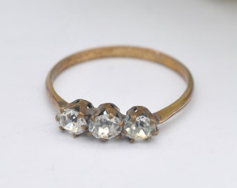 Antique Rolled Gold Three Stone Ring with Sparkly Clear Paste - Late Victorian | UK Size - P | US Size - 7 3/4