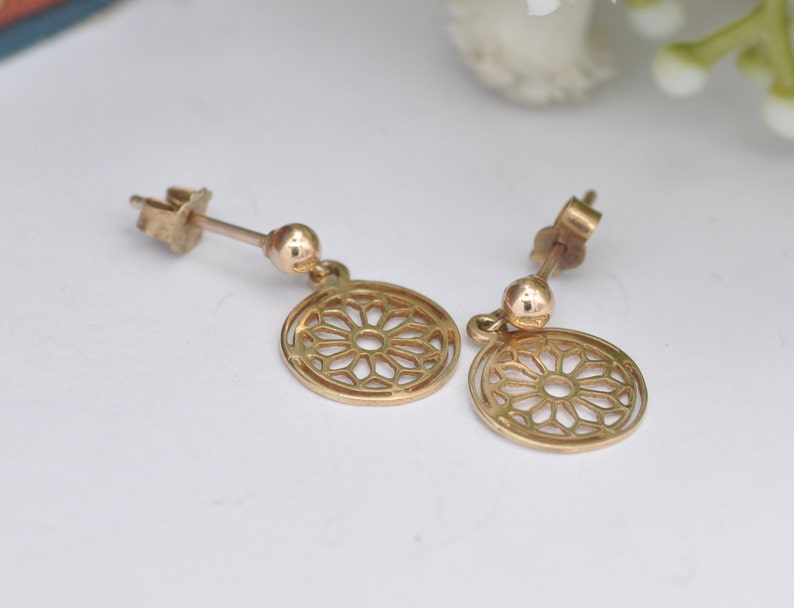 Vintage 9ct Gold Mandala Drop Earrings zdjęcie 4