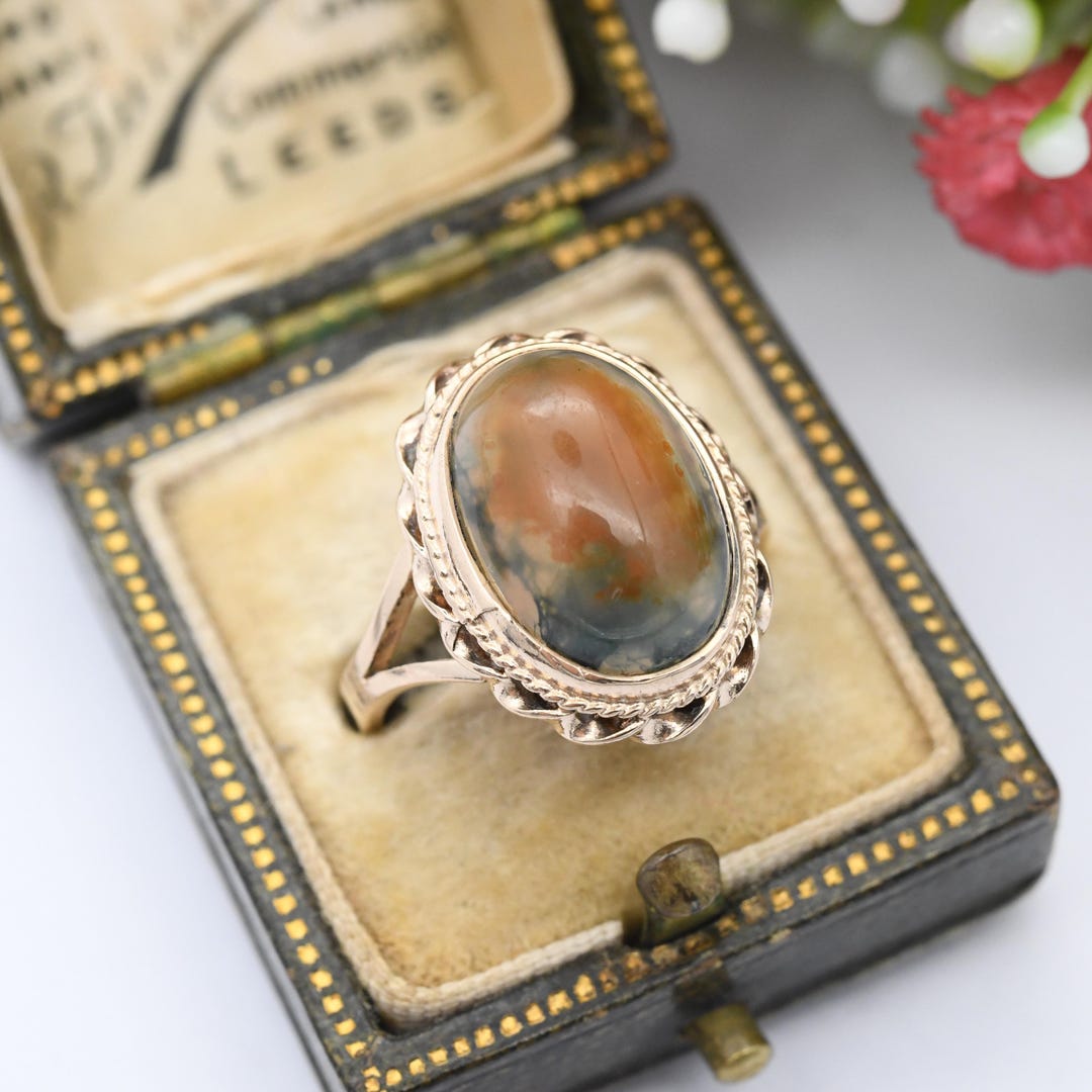 Midden Ring Vintage 9kt gouden ring met mosagaat - statement midden van de eeuw ...