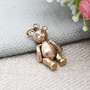 Vintage 9ct Gold Articulated Bear Charm Pendant with Clear Stone Eyes - Mechanical Doll Charm Moving Limbs | Textured Fur