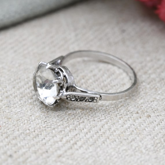 Vintage Silver Clear Paste Solitaire Ring - Large… - image 6