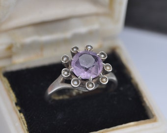 Vintage Mid-Century Sterling Silver Rose de France Amethyst Seed Pearl Ring - UK Size - M 1/2 / US Size - 6 1/2