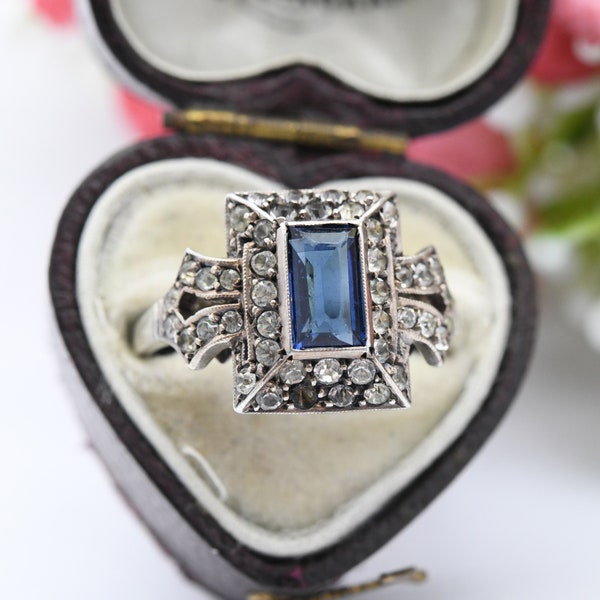 Antique Art Deco Silver Blue Paste Ring - Statement Cocktail Ring | UK Size - O 1/2 | US Size - 7 1/4