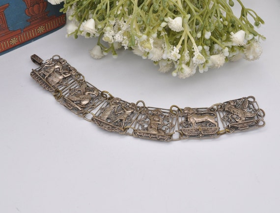Vintage Art Deco Egyptian Revival Bracelet - Silv… - image 1
