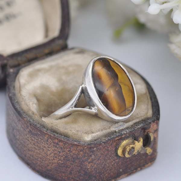 Vintage Sterling Silver Tiger's Eye Ring - Mid-Century Modern / 1960s / Retro Brown Stone / Large Cabochon / UK Size - O / US Size - 7
