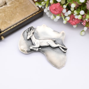 Broche antilope d'Afrique vintage en argent sterling - Gazelle animalière figurative | Carte de la forme africaine | Idées cadeaux de bijoux souvenirs