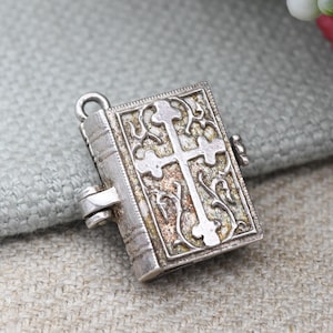 Vintage Opening Bible Charm Pendant with Saint Shrine Inside - Miniature Religious Devotional Locket | Christian Charm Bracelet Gift