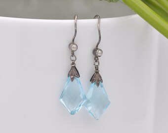 Antique Art Deco Sterling Silver Blue Glass Seed Pearl Drop Earrings