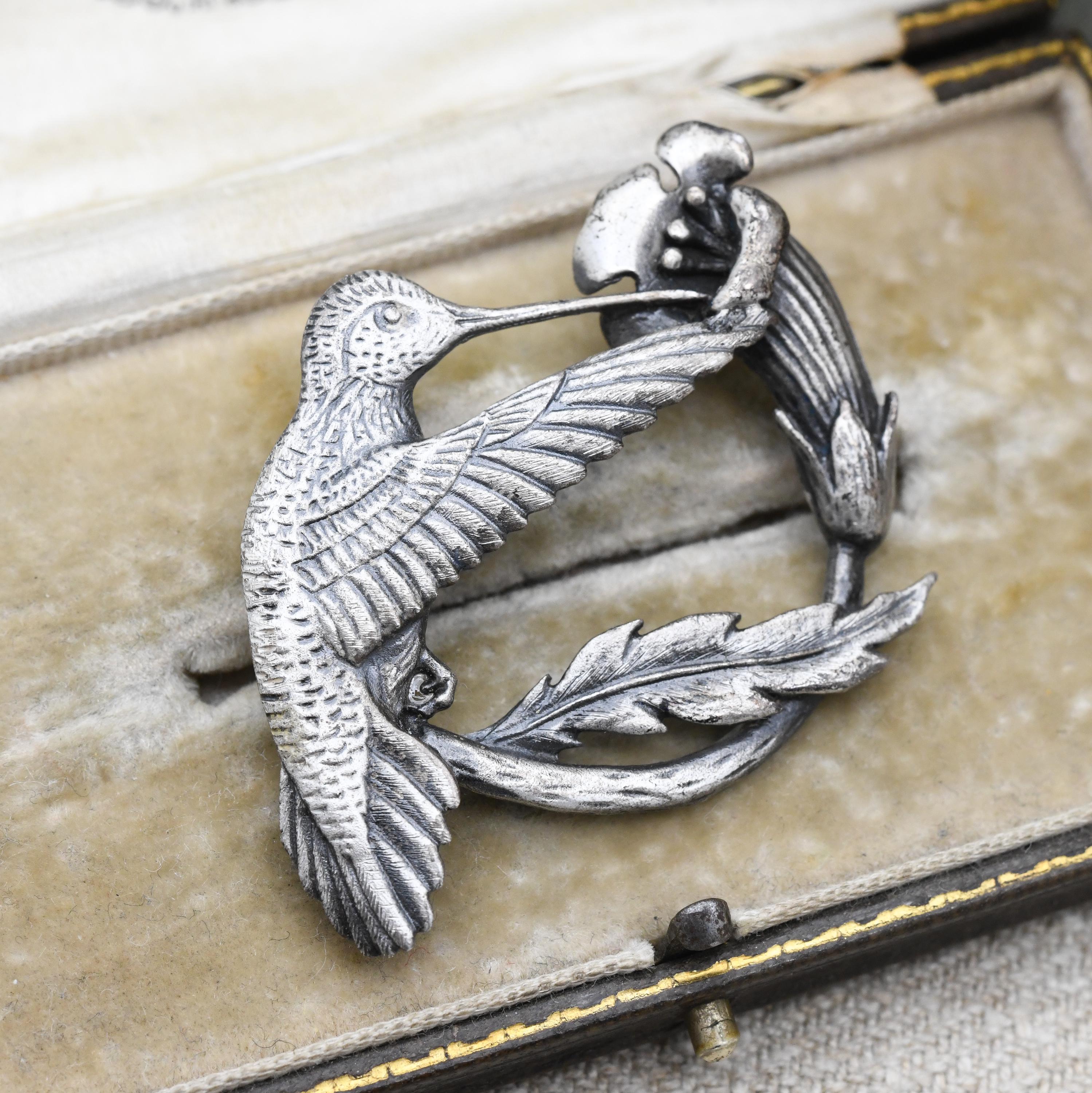 Vintage Pewter Hummingbird and Flower Brooch by Sid Bell Tully NY