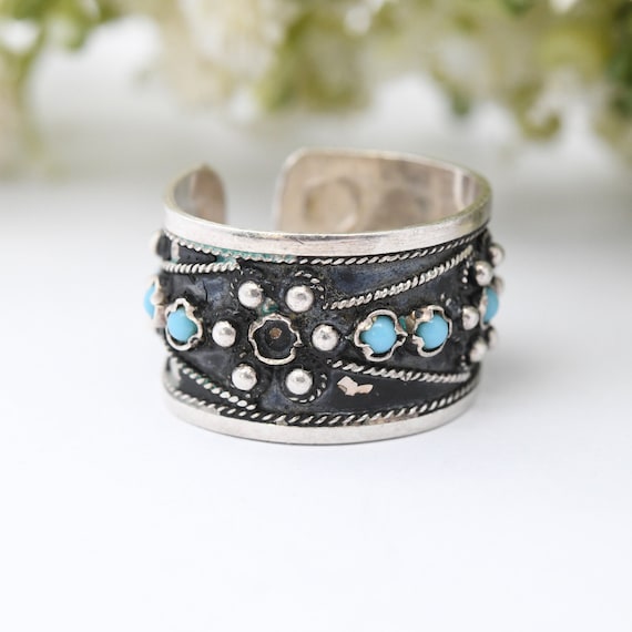 Vintage Indian Silver Ring With Blue Stones - Open Back Adjustable