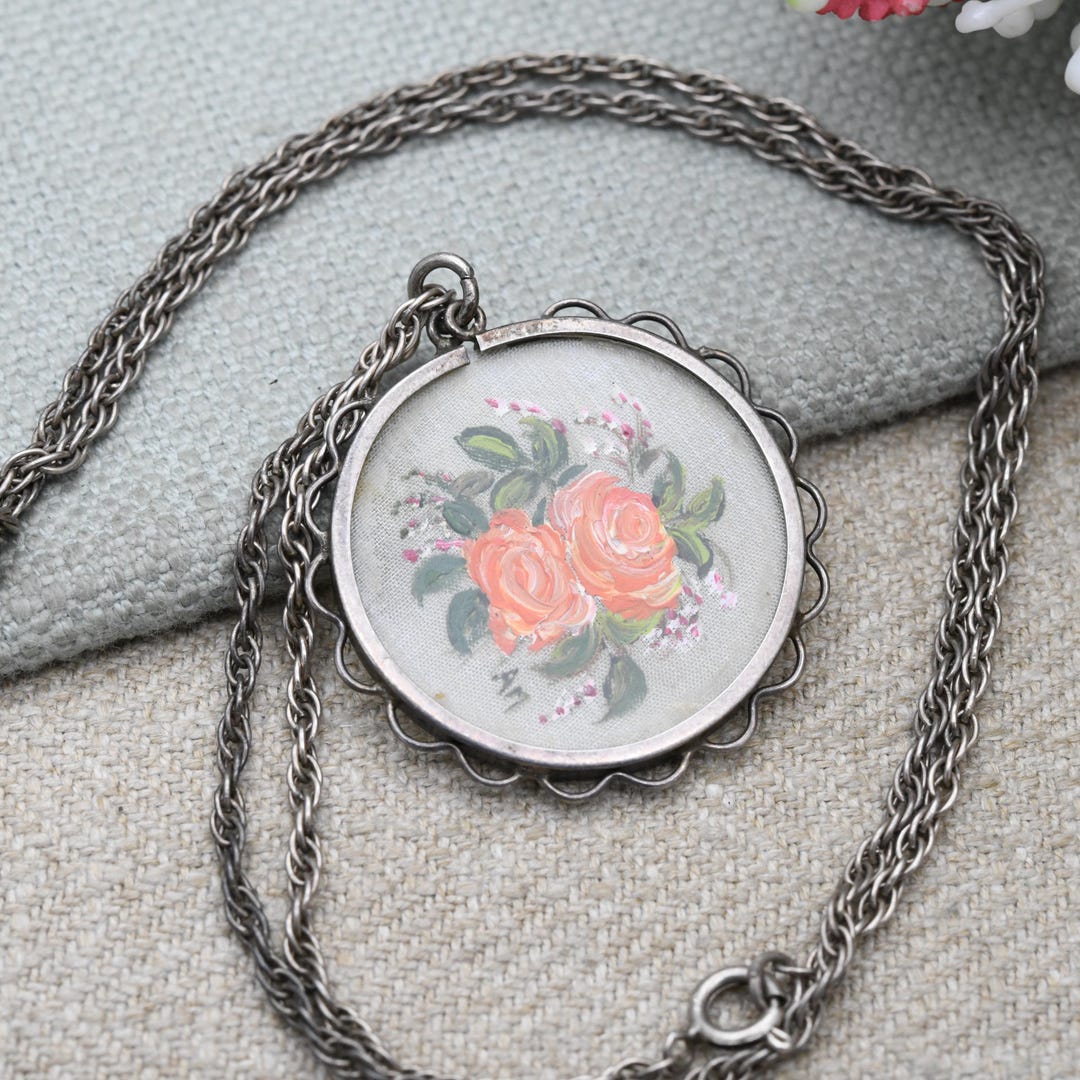Cloth Locket Vintage Silver Hand Painted Fabric Flowers Locket With Silver Prince of ...
