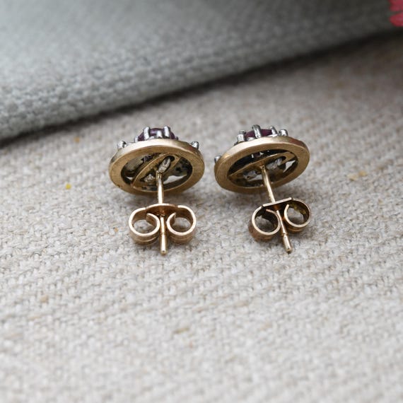 Vintage 9ct Gold Ruby Diamond Cluster Earrings - … - image 5