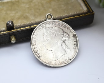 Antique Victorian 25 Cents Canada Coin 1872 Pendant Sterling Silver - Queen Victoria Silver Coin Jewellery | Maple Leaves Canadian Souvenir