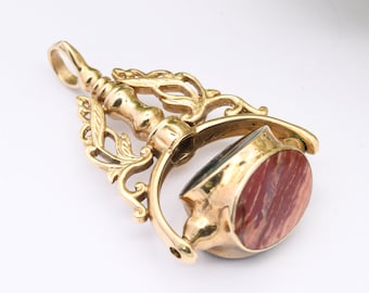 Vintage 9ct Gold Spinner Fob 1991 - Gemstone Watch Fob Pendant | Antique Style | Bloodstone Heliotrope Jasper