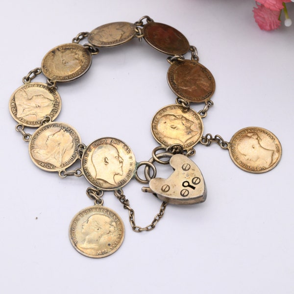 Antique Sterling Silver Threepence Coin Bracelet with Heart Padlock Clasp - 1876 Victoria 1903 Edward | Gold Plated Silver Coin Jewellery
