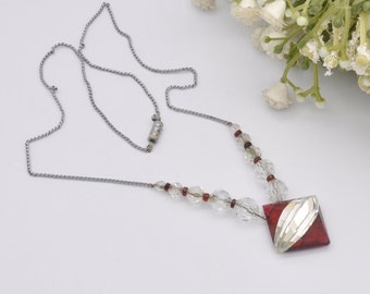 Vintage Art Deco Glass Necklace with Red and Clear Sparkly Glass
