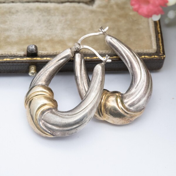Vintage Sterling Silber vergoldet Hoop Ohrringe - Chunky Minimalist Stoff Knoten Design | Jeden Tag Schmuck Geschenk für sie