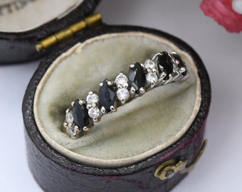 Vintage 9ct Gold Sapphire CZ Half Eternity Ring 1987 - Blue Gemstone Band Ring | UK Size - Q | US Size - 8