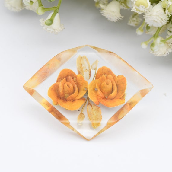 Vintage Lucite Reverse Carved Orange Flower Brooc… - image 1