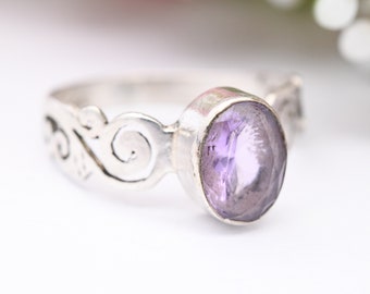 Vintage Sterling Silver Amethyst Ring with Spiral Shoulders - Large Purple Stone Solitaire | UK Size - N | US Size - 6 3/4