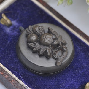 Antique Victorian Vulcanite Locket with Fruit Tree Design and Hand Carved Inside