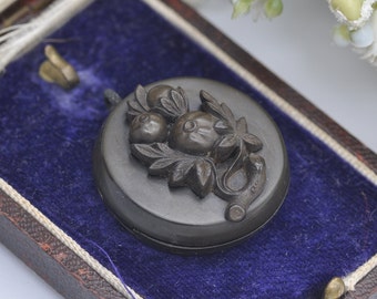 Antique Victorian Vulcanite Locket with Fruit Tree Design and Hand Carved Inside