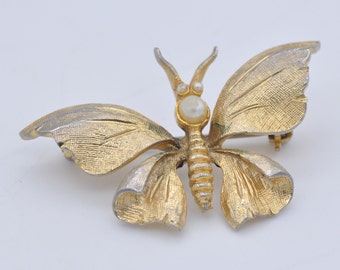 Vintage COROCRAFT Gold Tone Butterfly Brooch - Faux Pearl / Insect / Pin / Mid-Century / Branded Brooch