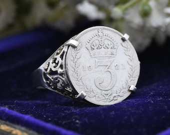 Antiek zilver George V Threepence munt 1921 zegelring 1972 midden van de eeuw - Britse koninklijke familie sieraden | Britse maat - S | Amerikaanse maat - 9