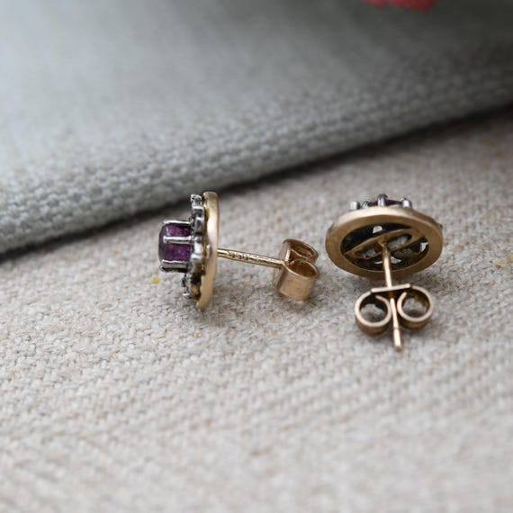 Vintage 9ct Gold Ruby Diamond Cluster Earrings - … - image 6