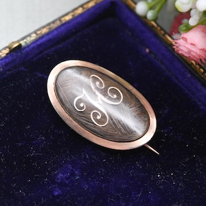 Antique Mourning Hair Brooch 12ct Gold Georgian Era 1782 Letter M - Hand Engraved Name Cha. Hall and Date 10 December | Hairwork Jewellery