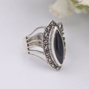 Vintage Sterling Silver Onyx and Marcasite Ring - Art Deco Style 925 Silver Open Band Chunky Marquise Shape | UK Size - K | US Size - 5 1/4