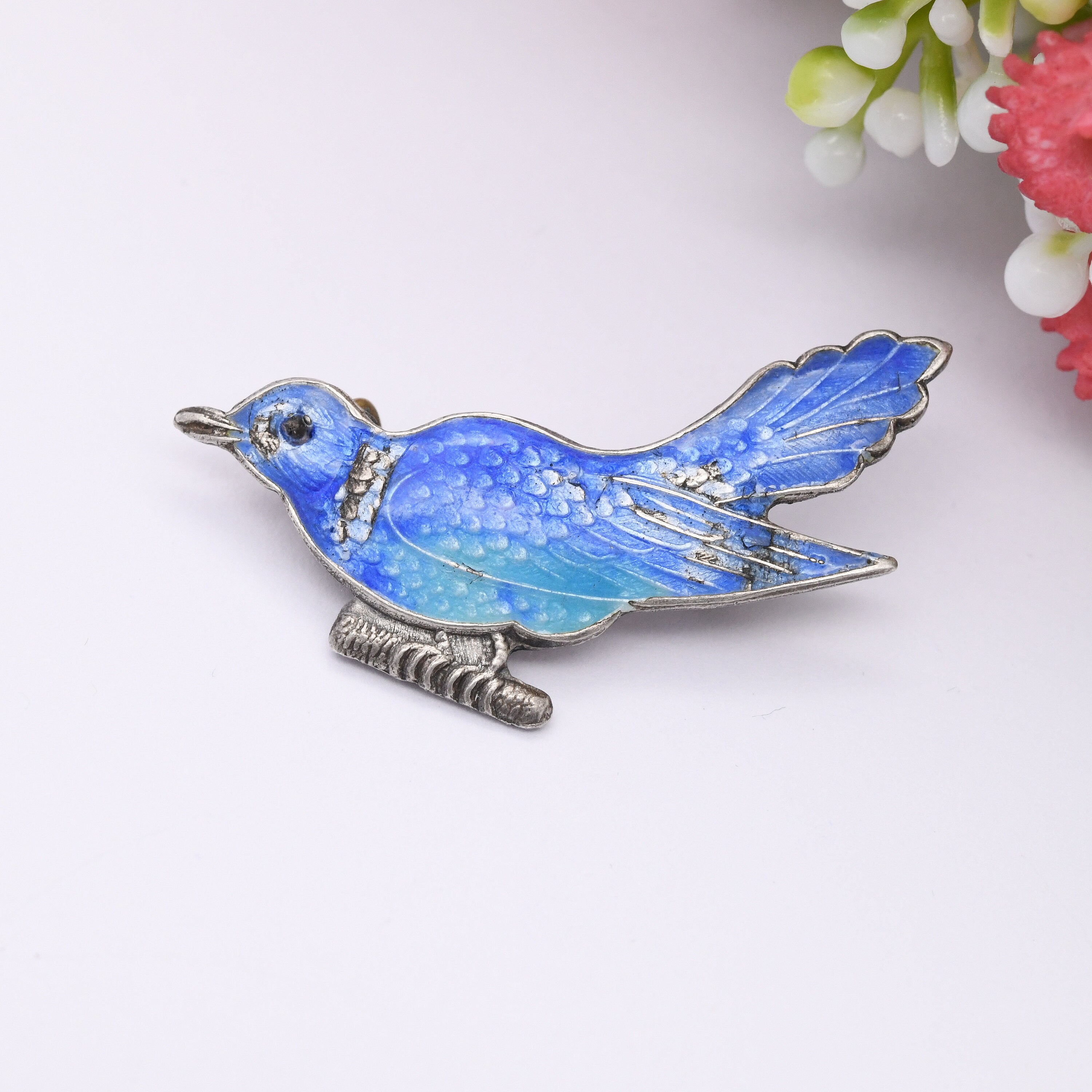 Broche Vintage Oiseau En Vol émaillé Bleu Et Or - Bijou Rétro Femme - État Impeccable